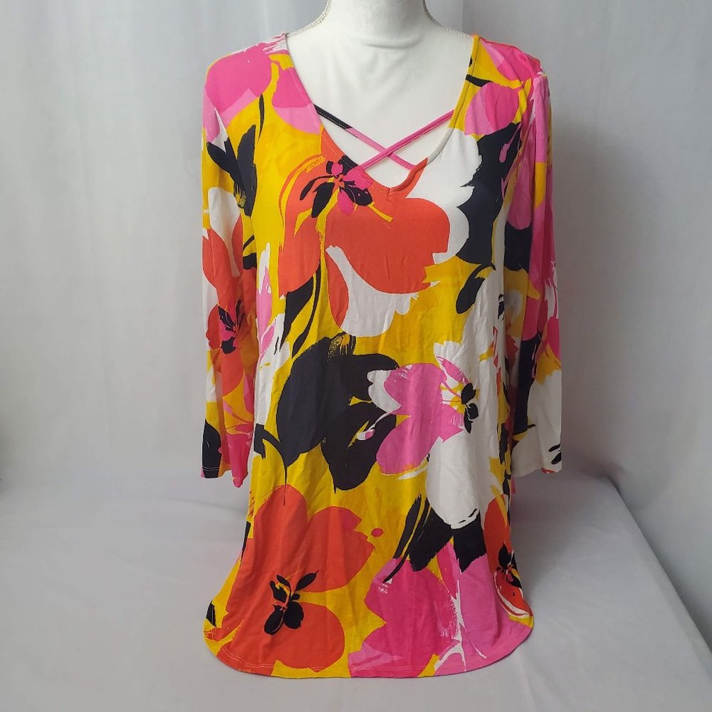Ruby Road Floral Print Knit Top 3/4 Sleeve Curved Hem Size XL Never Worn 65478